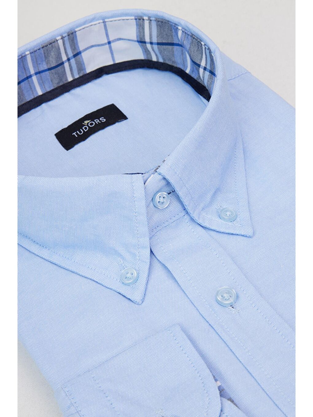 Erkek   Uzun Kollu Pamuklu Oxford Doku Tek Cepli Mavi Düğmeli Yaka Büyük Beden Gömlek-3