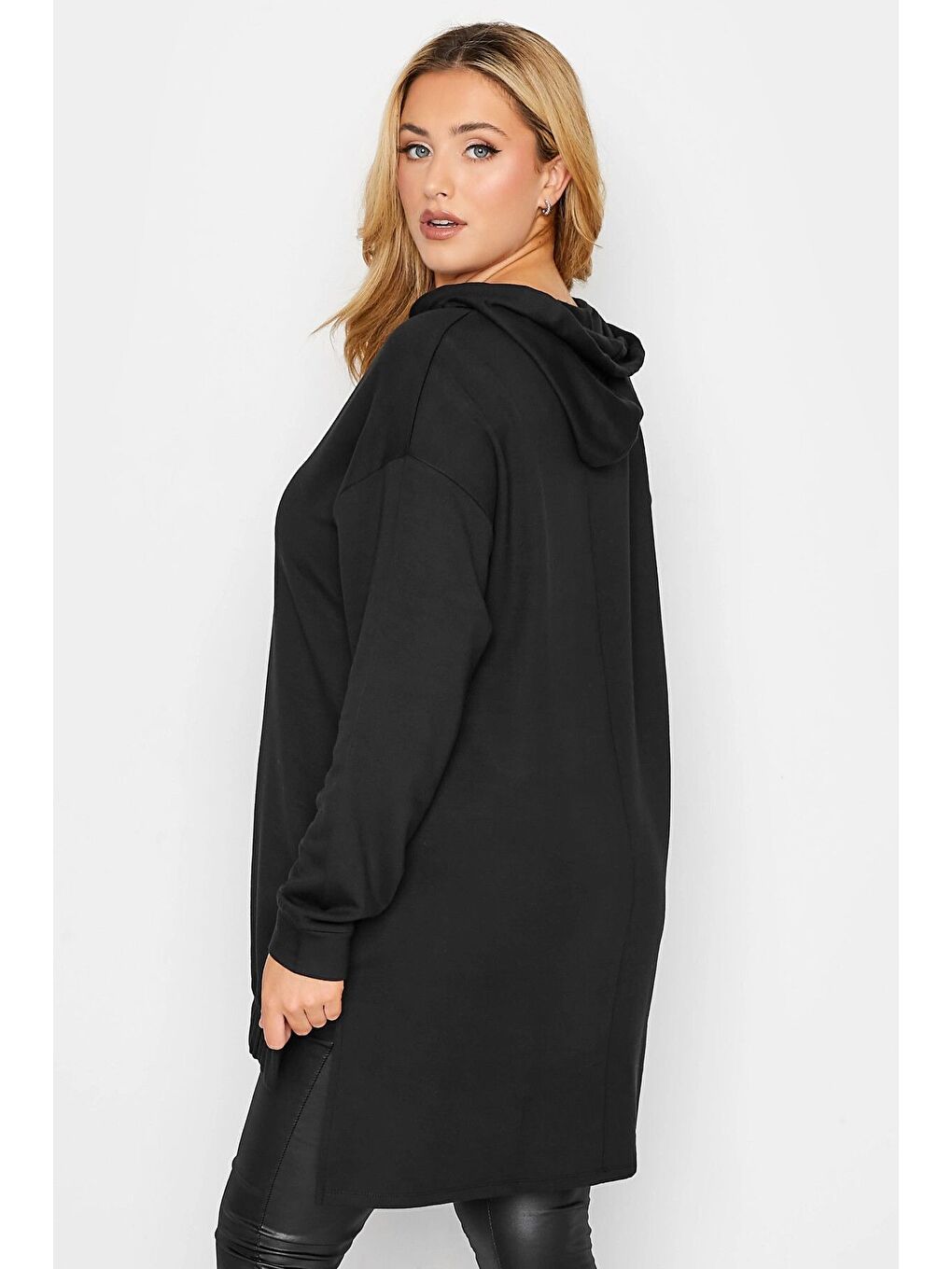 Siyah Büyük Beden Kapüşonlu Yırtmaç Detaylı Uzun Kollu Sweatshirt 301171-4