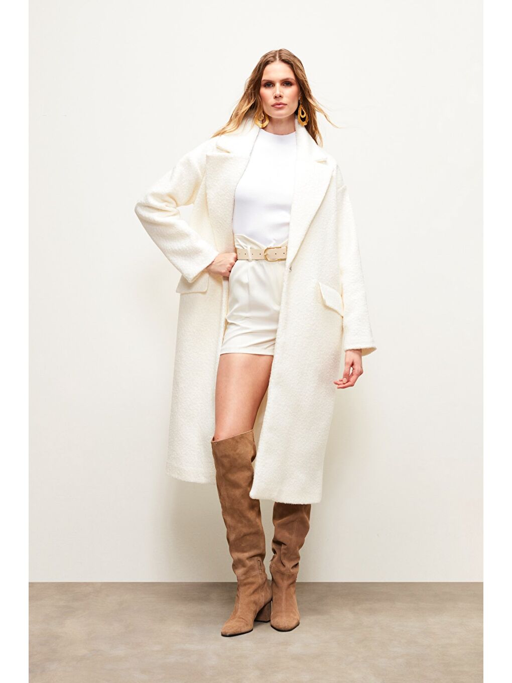 Uzun Buklet Kaban - Ekru-1