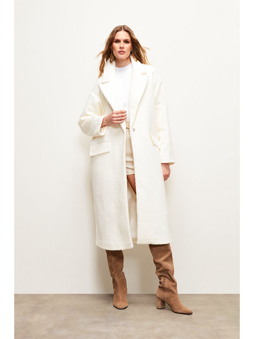 Uzun Buklet Kaban - Ekru-2