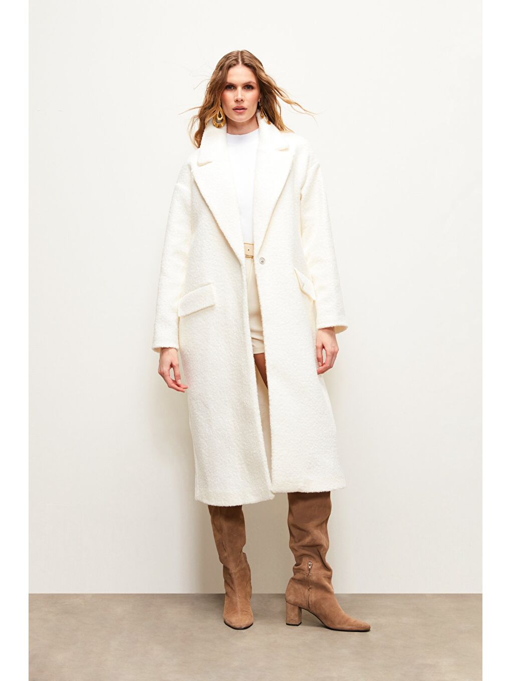 Uzun Buklet Kaban - Ekru-3