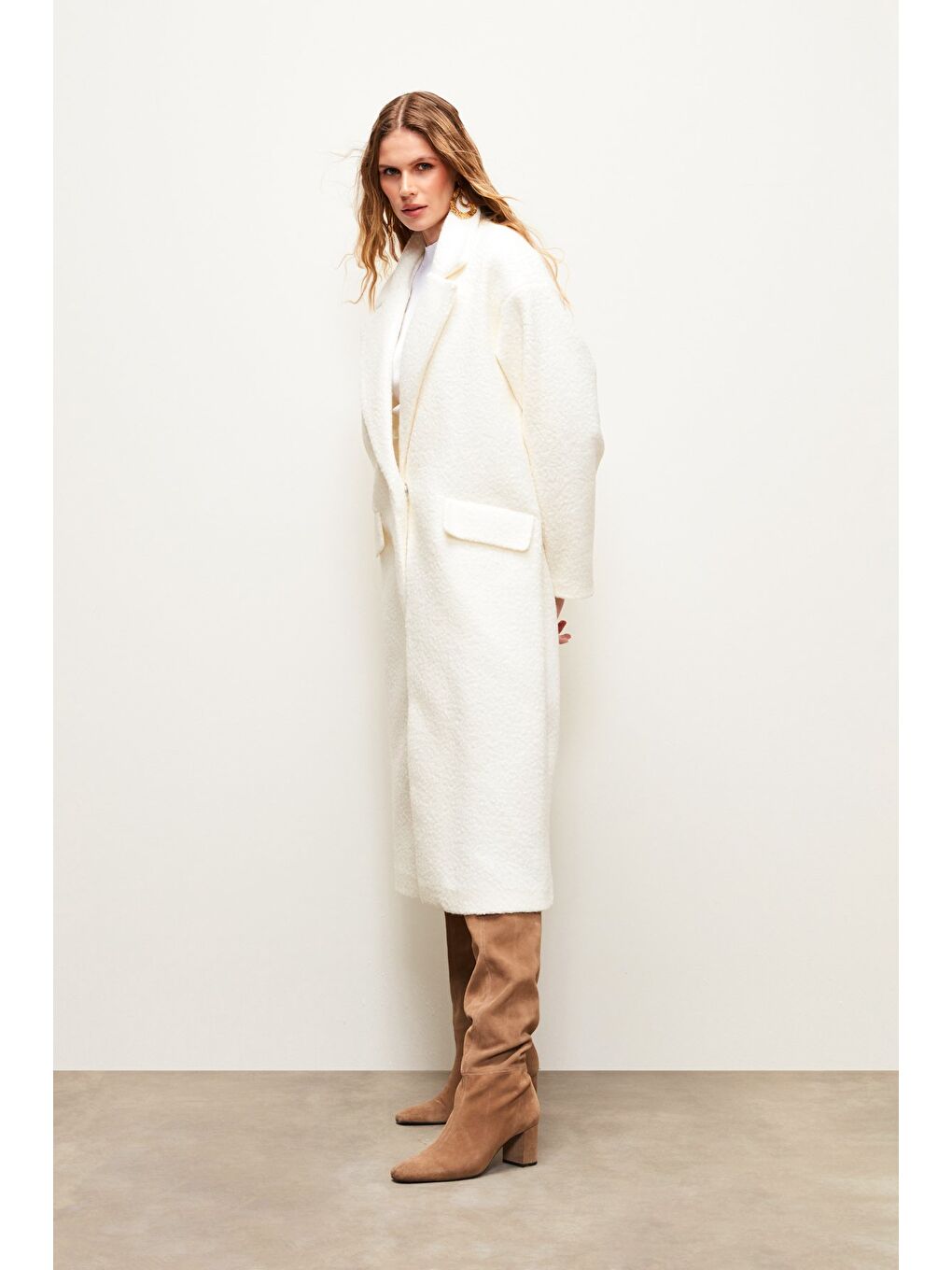 Uzun Buklet Kaban - Ekru-4