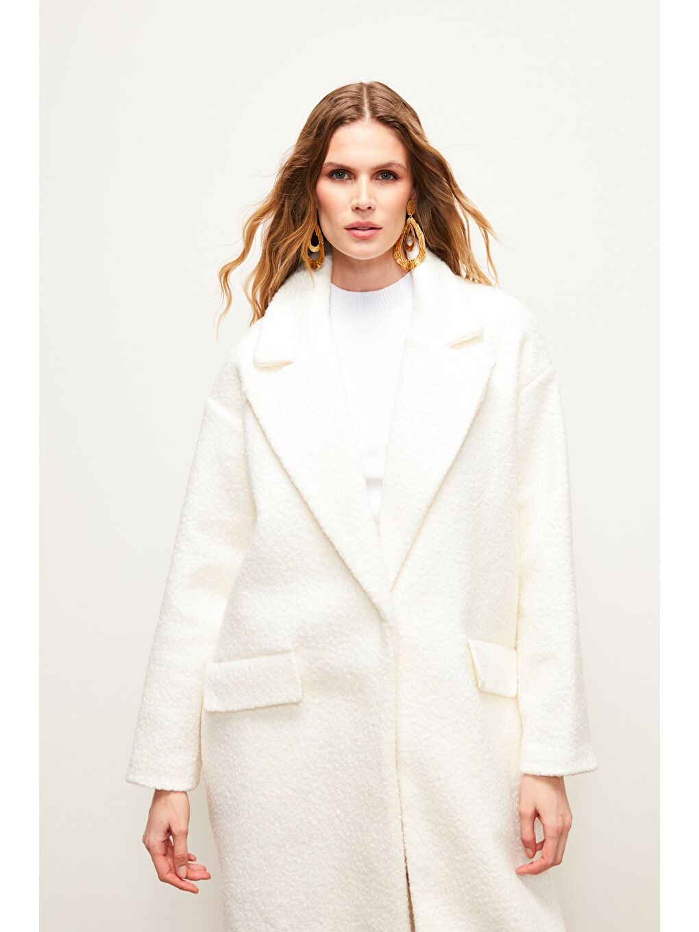 Uzun Buklet Kaban - Ekru-5