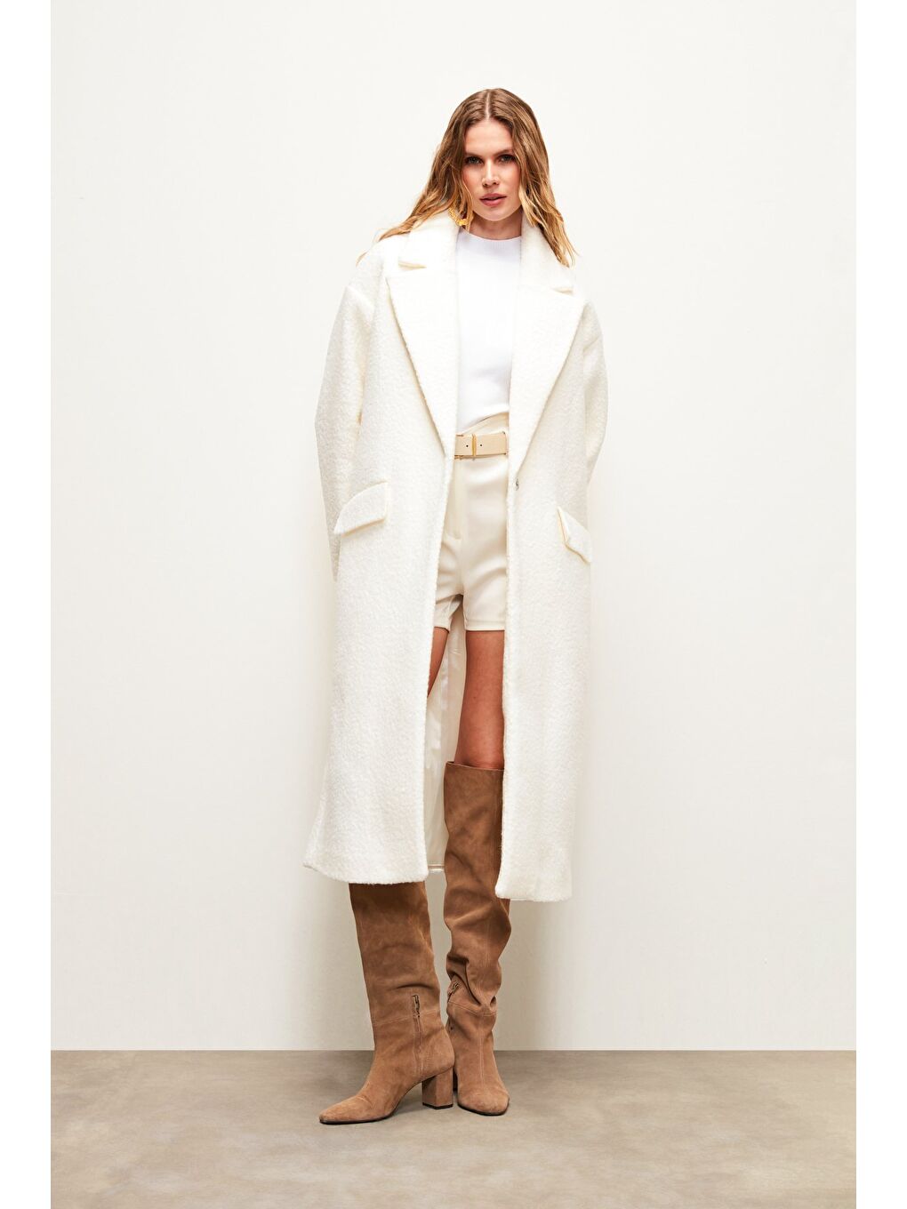 Uzun Buklet Kaban - Ekru-6