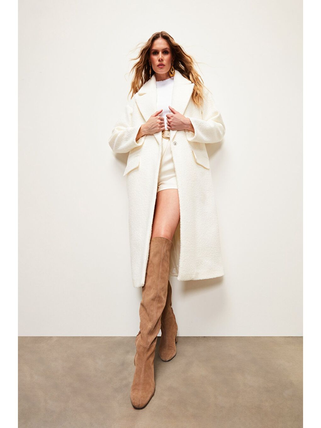 Uzun Buklet Kaban - Ekru-7