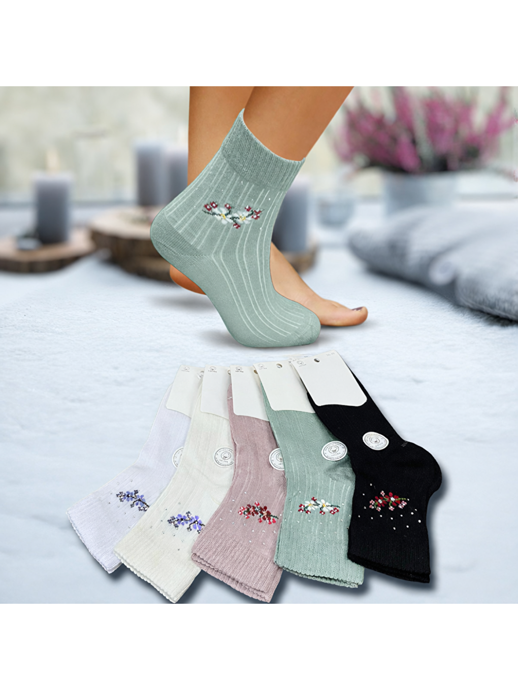Kadın 12’li Premium Floral Soket Çorap – Taş İşlemeli – Karışık Asorti (12 Çift)-4