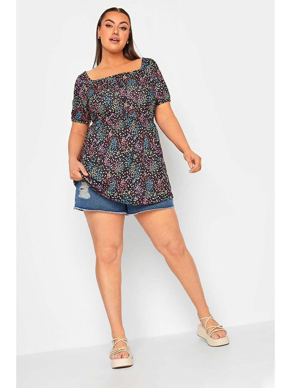 Siyah Büyük Beden Düğme Detaylı Kare Yaka Desenli Esnek Bluz 215848-3