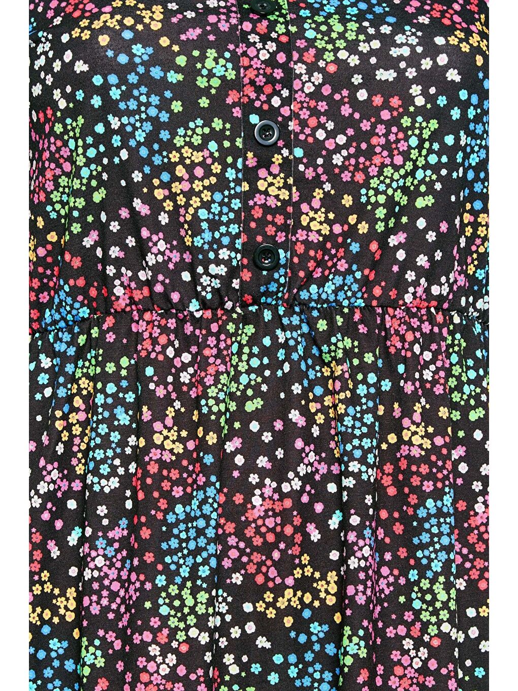 Siyah Büyük Beden Düğme Detaylı Kare Yaka Desenli Esnek Bluz 215848-4