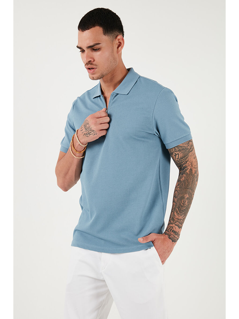 Buratti Mavi Pamuklu Regular Fit Fermuarlı Polo Yaka Erkek T Shirt 5902915 - 5