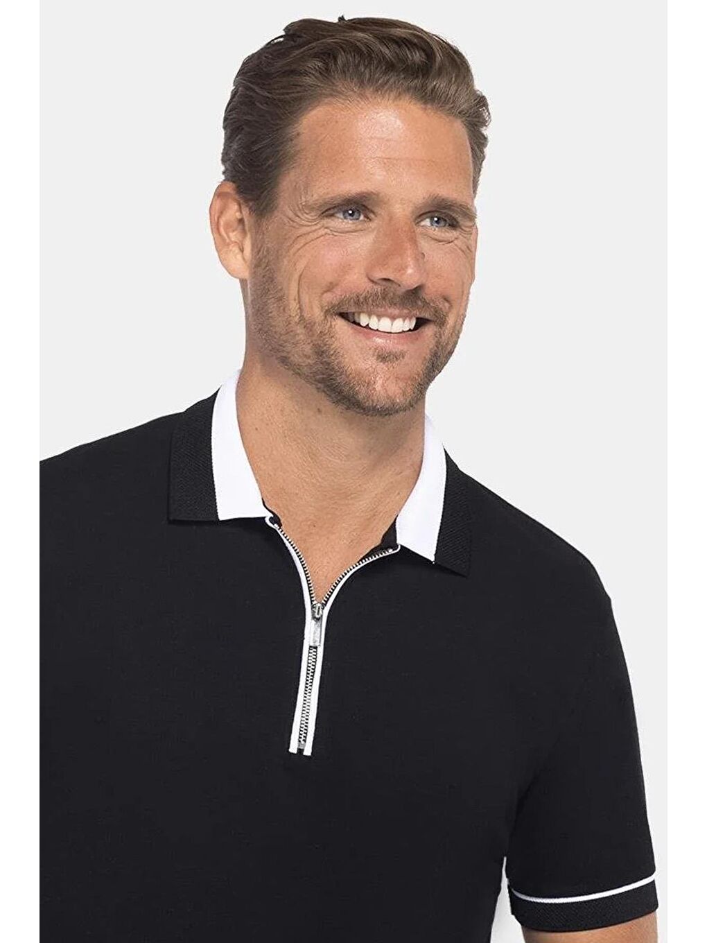 Siyah Erkek Polo Yaka Slim Fit Pamuk Fermuarlı Pike  Tişört