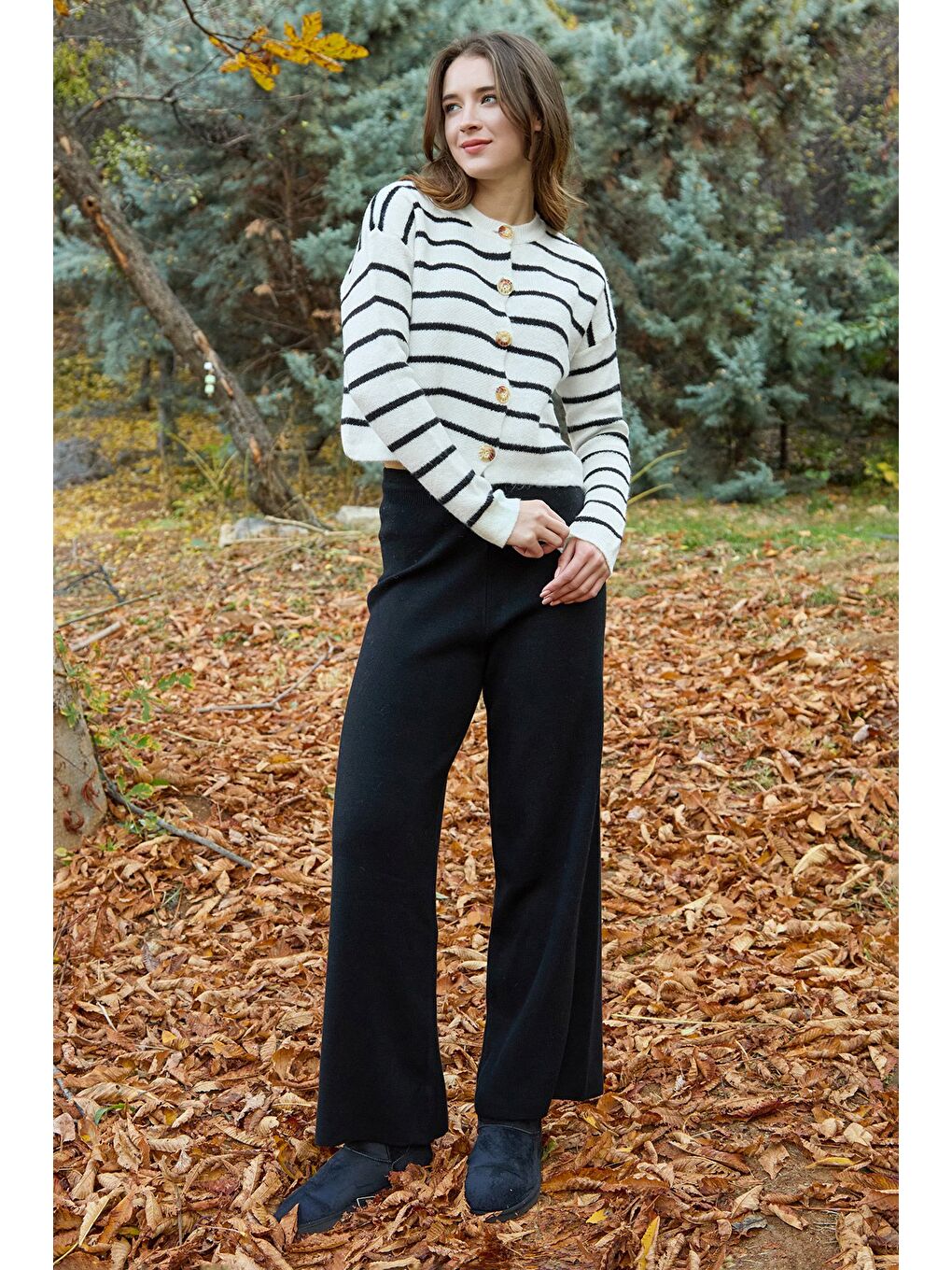 Ekru Çizgili Düğmeli Triko Hırka-1