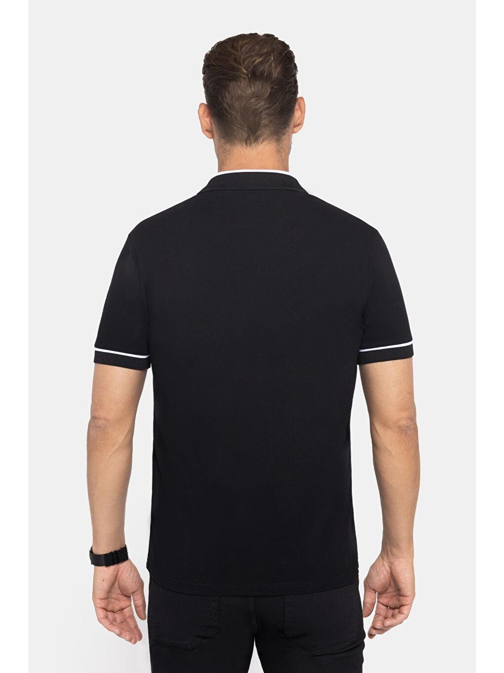Siyah Erkek Polo Yaka Slim Fit Pamuk Fermuarlı Pike  Tişört-4