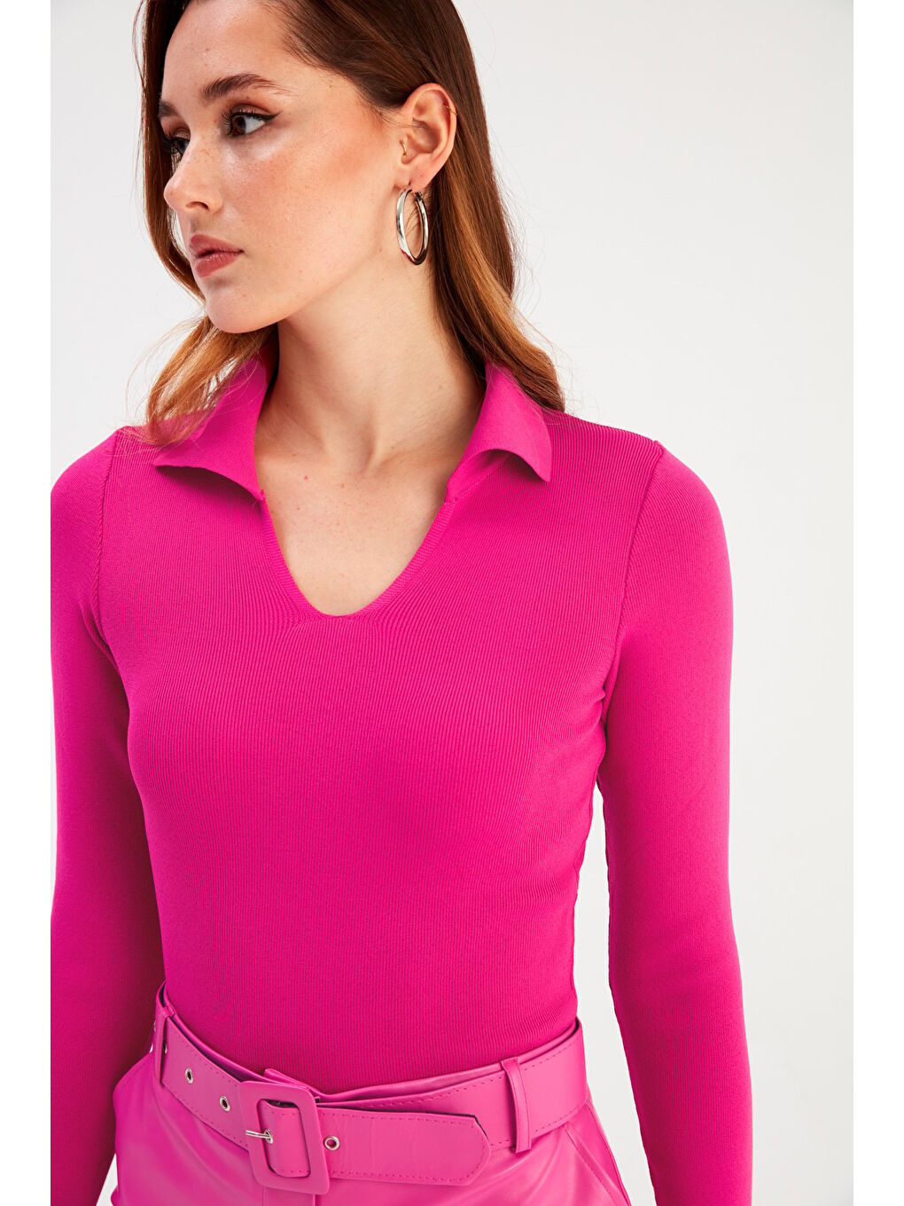 Polo Yaka Triko - Fuşya-3