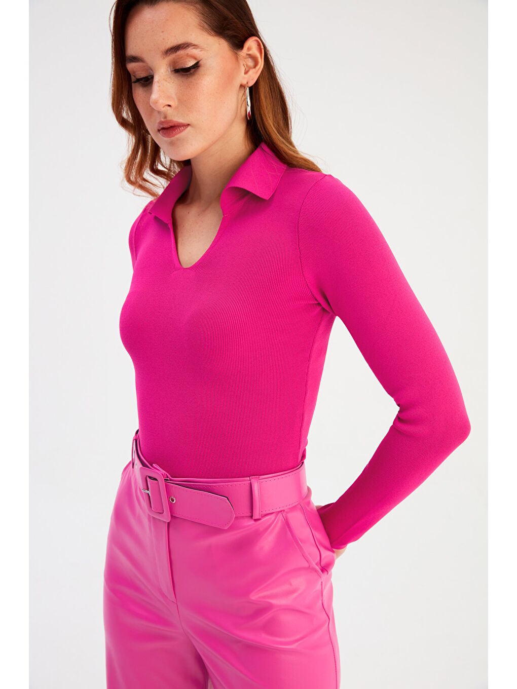 Polo Yaka Triko - Fuşya-4
