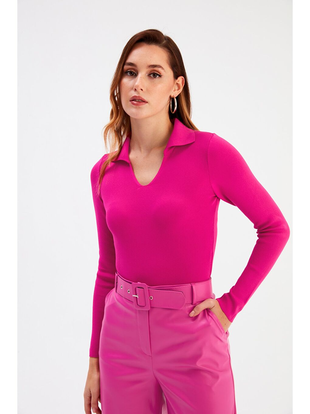 Polo Yaka Triko - Fuşya-5