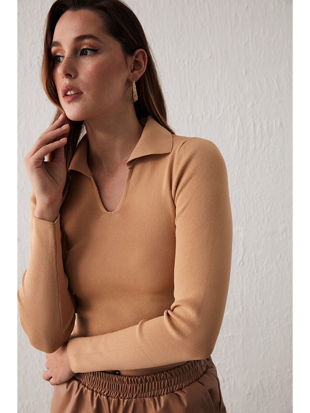 Kahverengi Polo Yaka Triko - Bisküvi-1