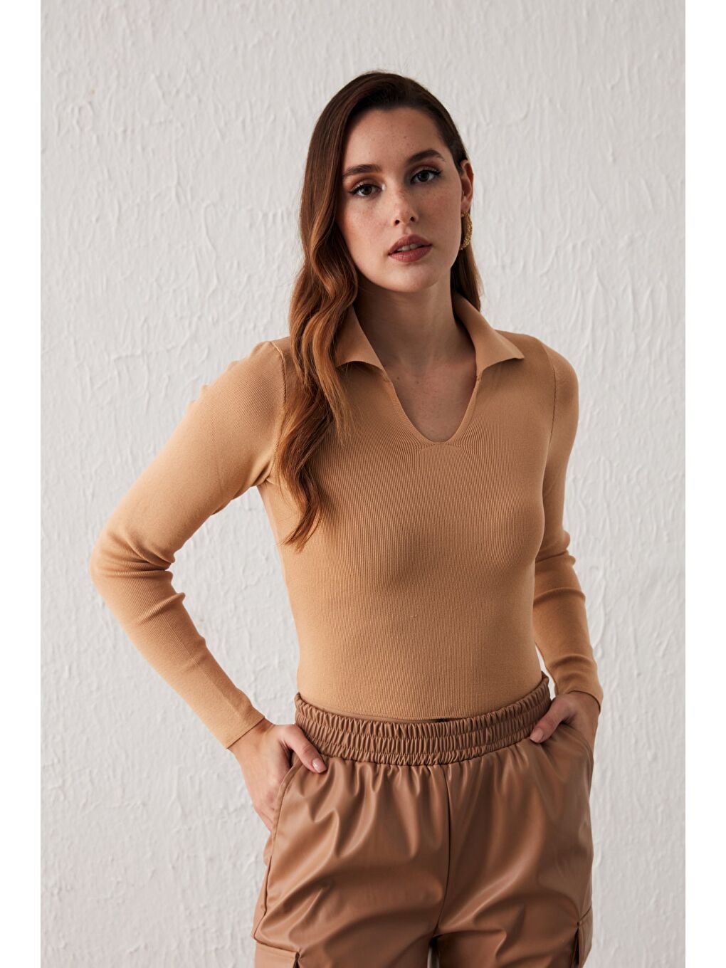 Kahverengi Polo Yaka Triko - Bisküvi-2