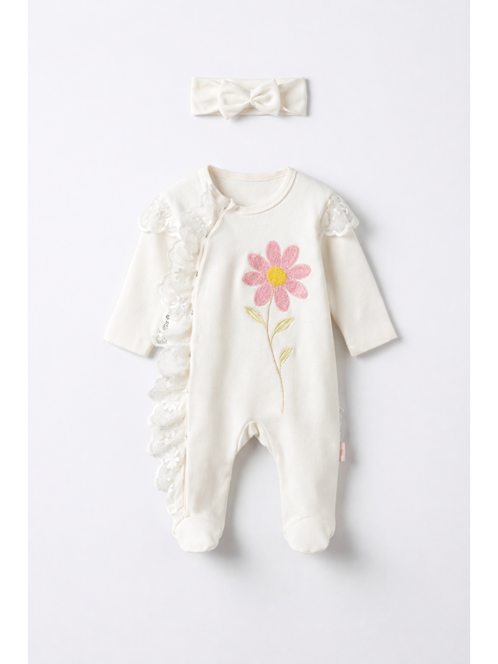 Beyaz Kız Bebek Dantelli Çiçekli Tulum Saç Bandı 2li Takım Set Pamuklu Bayramlık Yenidoğan
