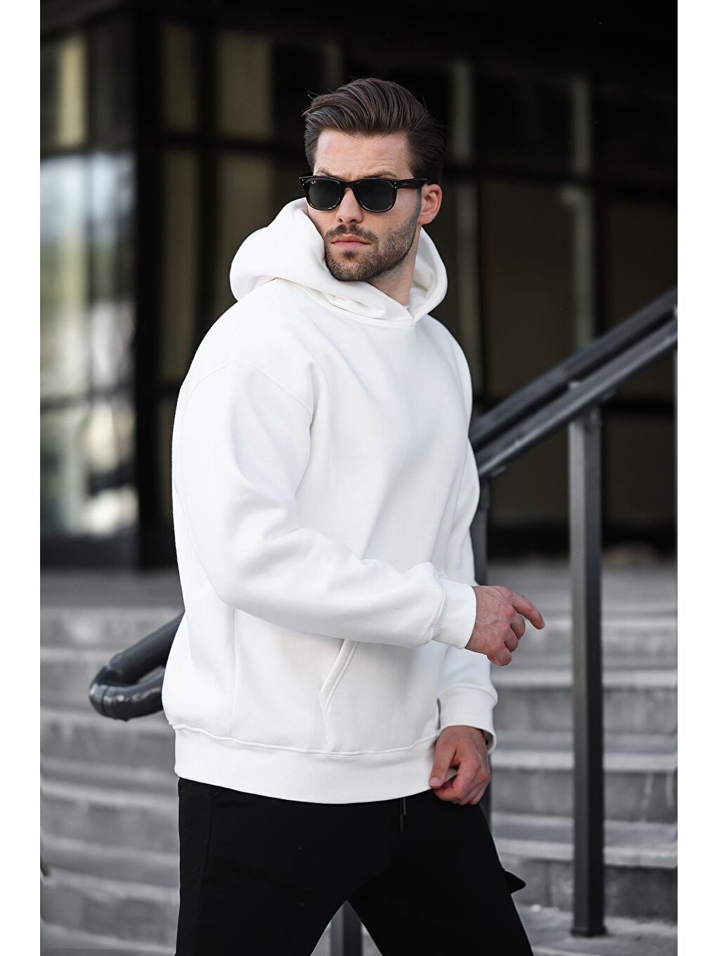 Ekru Kapüşonlu Kanguru Cep Erkek Sweatshirt E7169-2