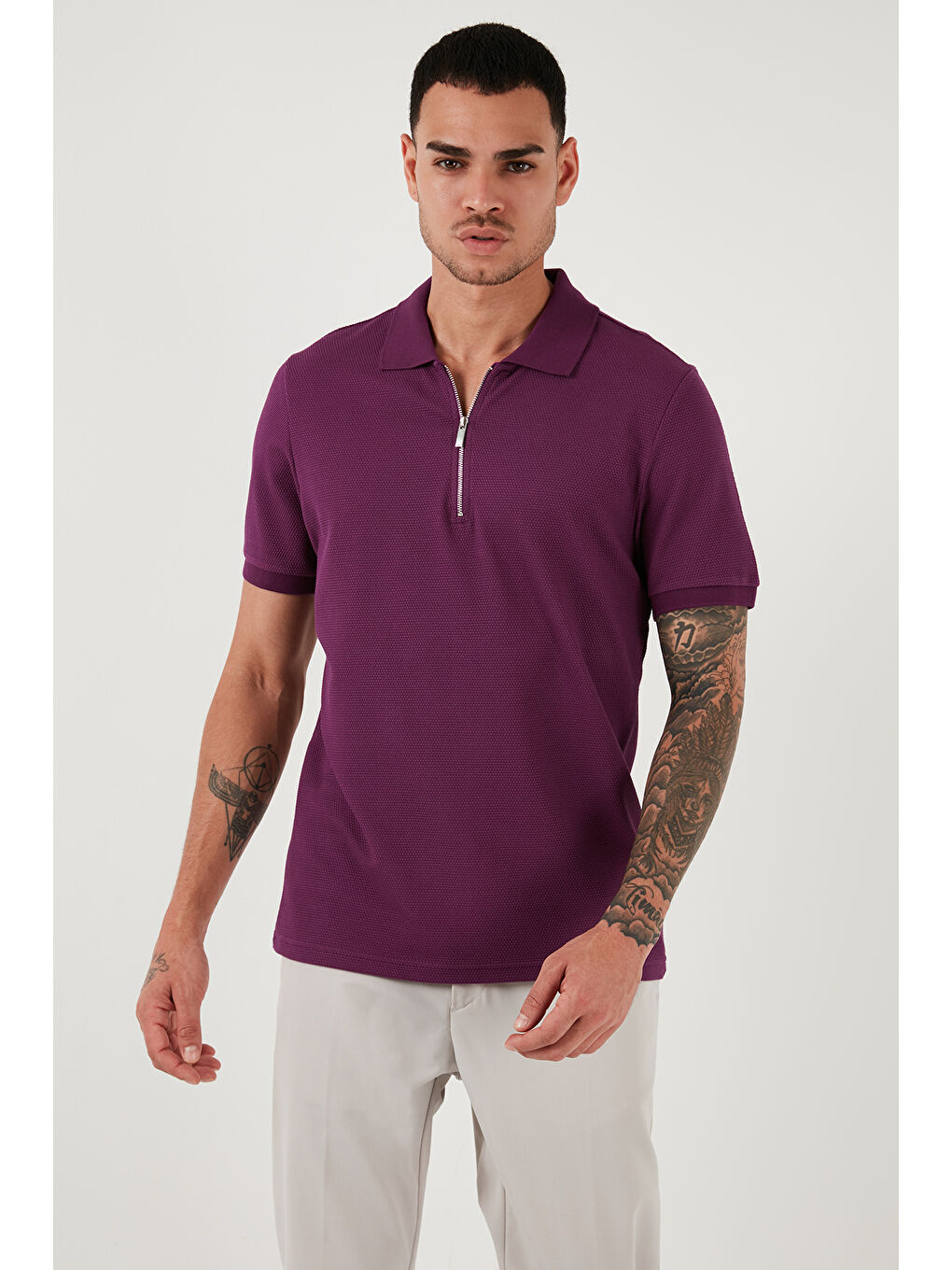 Buratti Mürdüm Pamuklu Regular Fit Fermuarlı Polo Yaka Erkek T Shirt 5902915 - 5