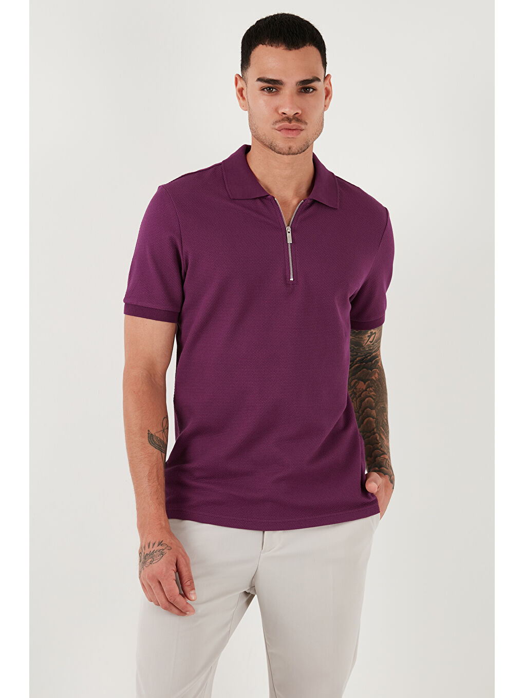 Buratti Mürdüm Pamuklu Regular Fit Fermuarlı Polo Yaka Erkek T Shirt 5902915 - 6