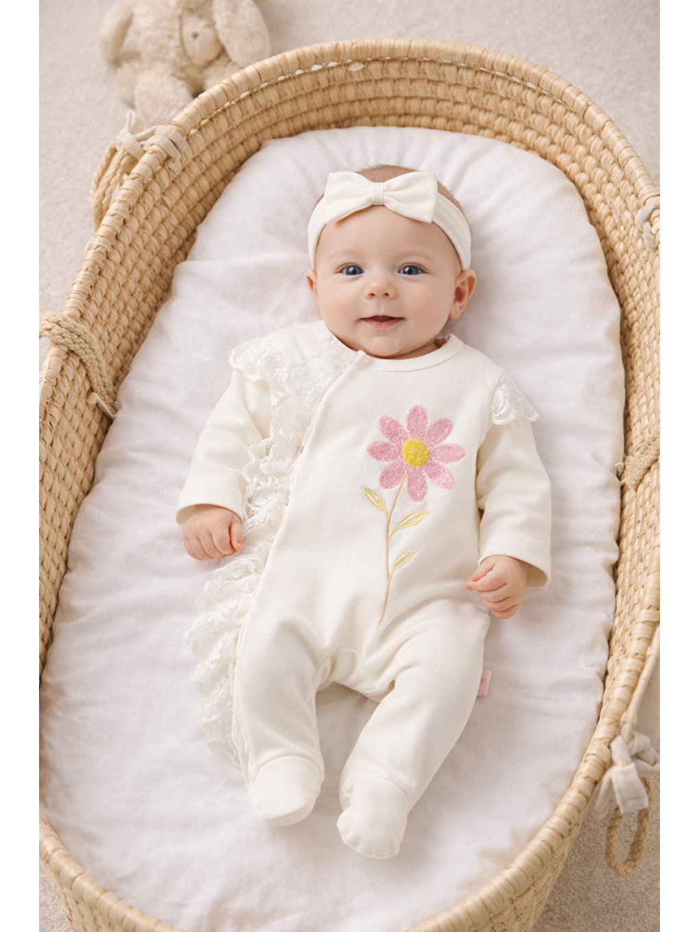 Beyaz Kız Bebek Dantelli Çiçekli Tulum Saç Bandı 2li Takım Set Pamuklu Bayramlık Yenidoğan-2