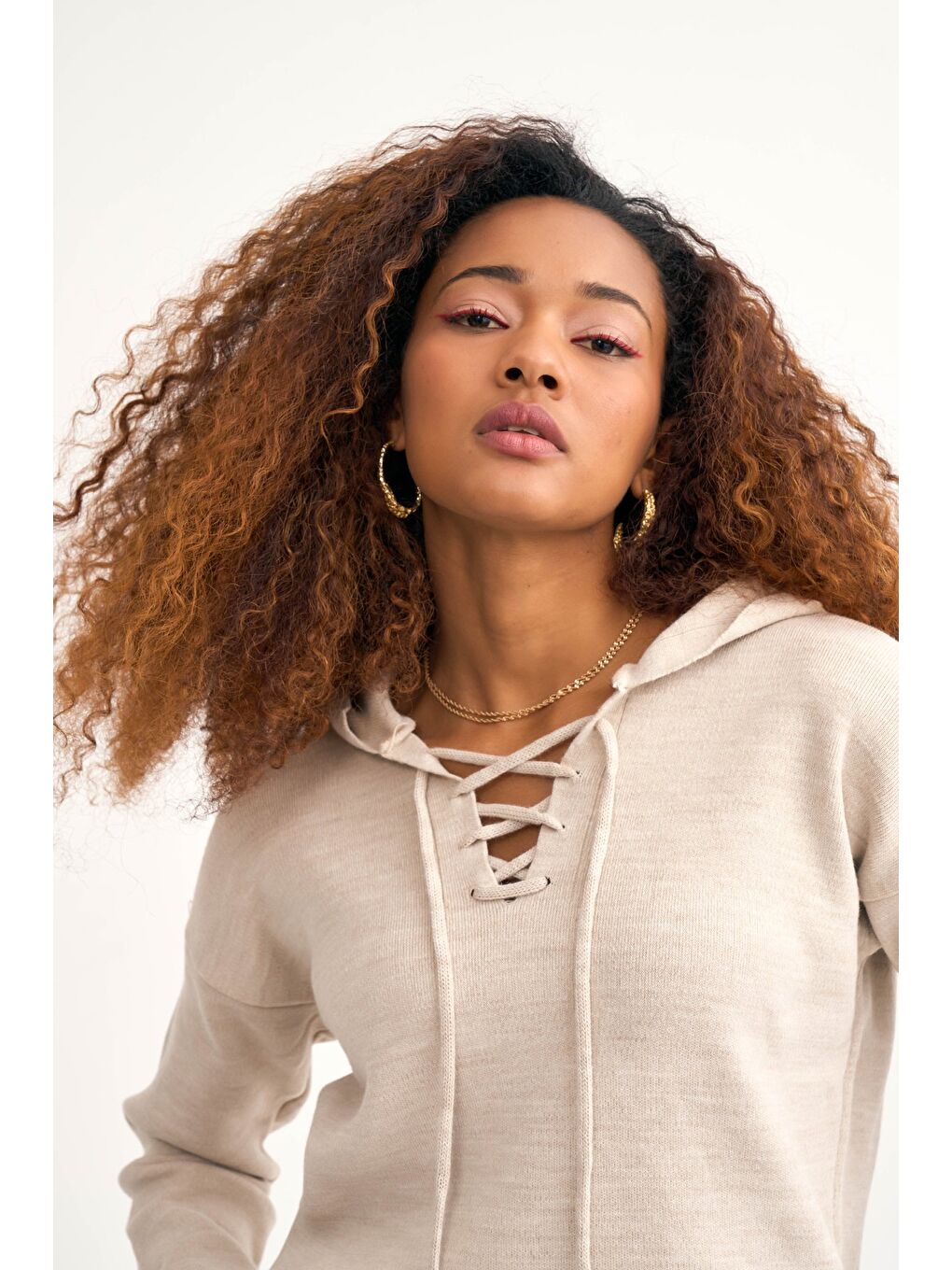 Bej Kapüşonlu Triko Kazak - Taş-1