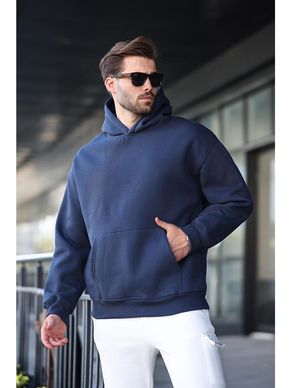 Lacivert Kapüşonlu Kanguru Cep Erkek Sweatshirt E7169-1