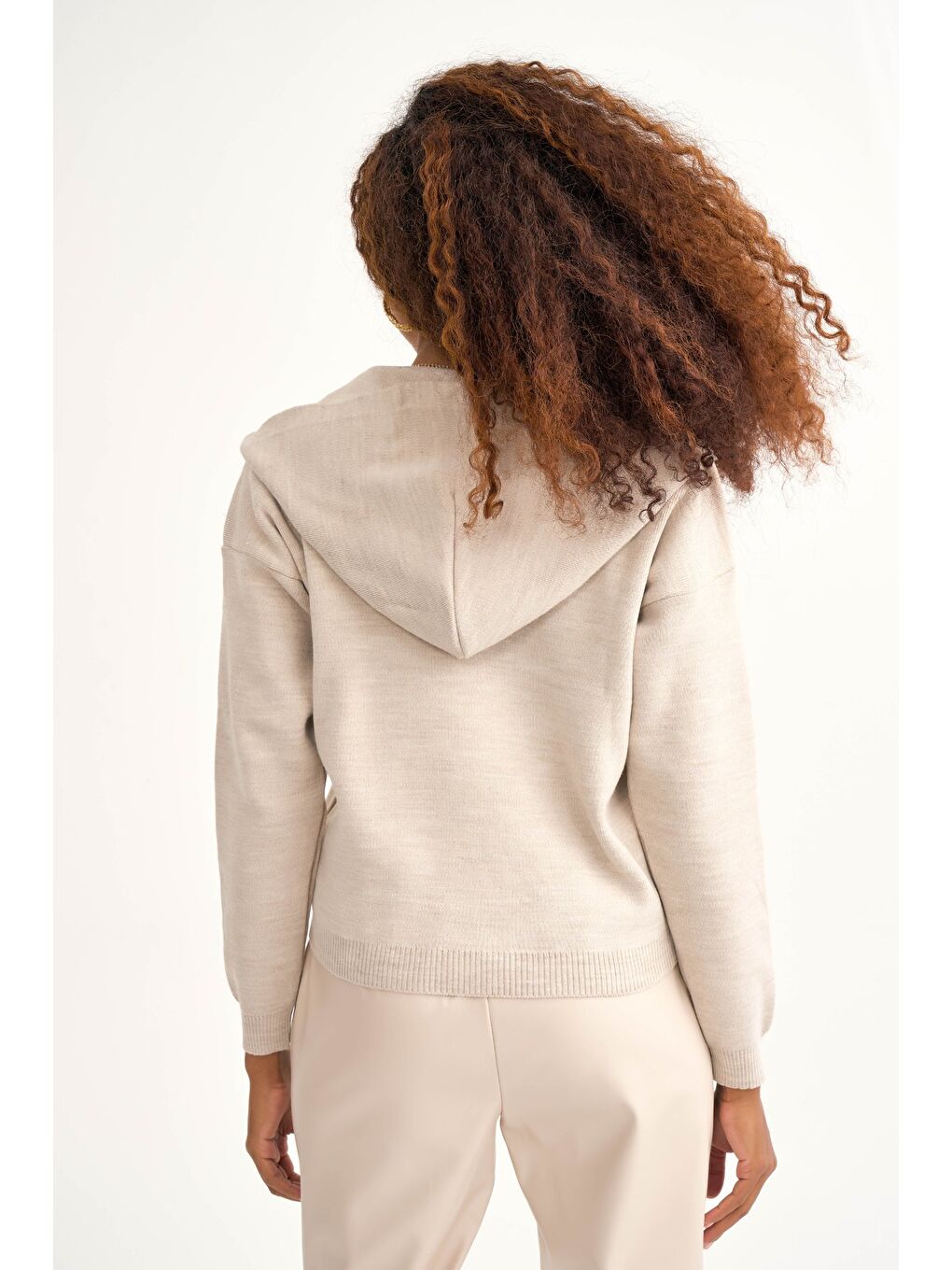 Bej Kapüşonlu Triko Kazak - Taş-4