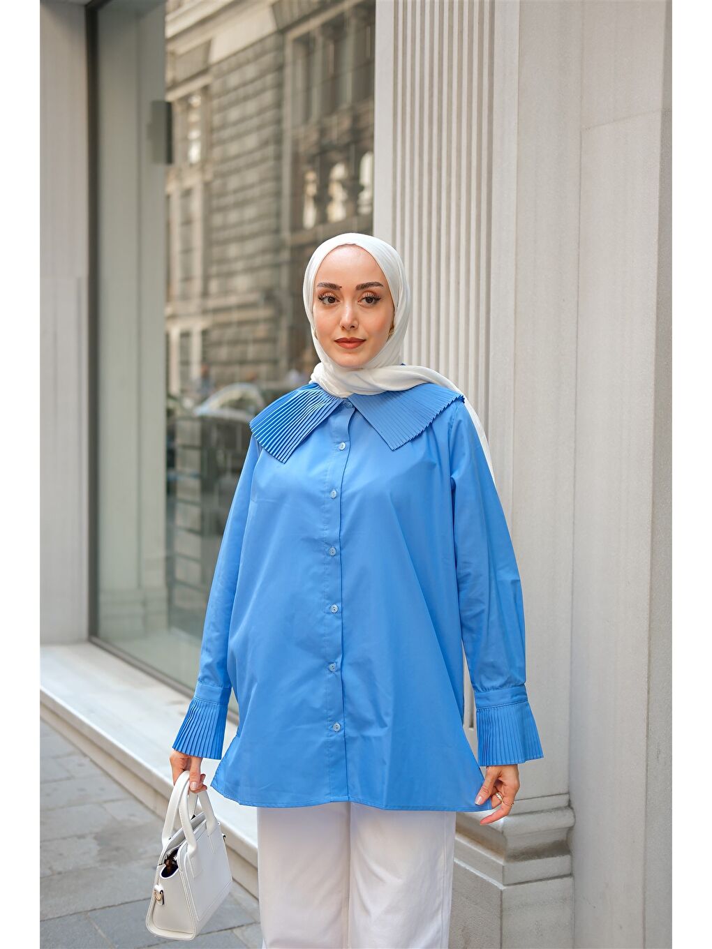 Kadın Gömlek Ve Kol Pilise Detaylı Gömlek Mavi-1