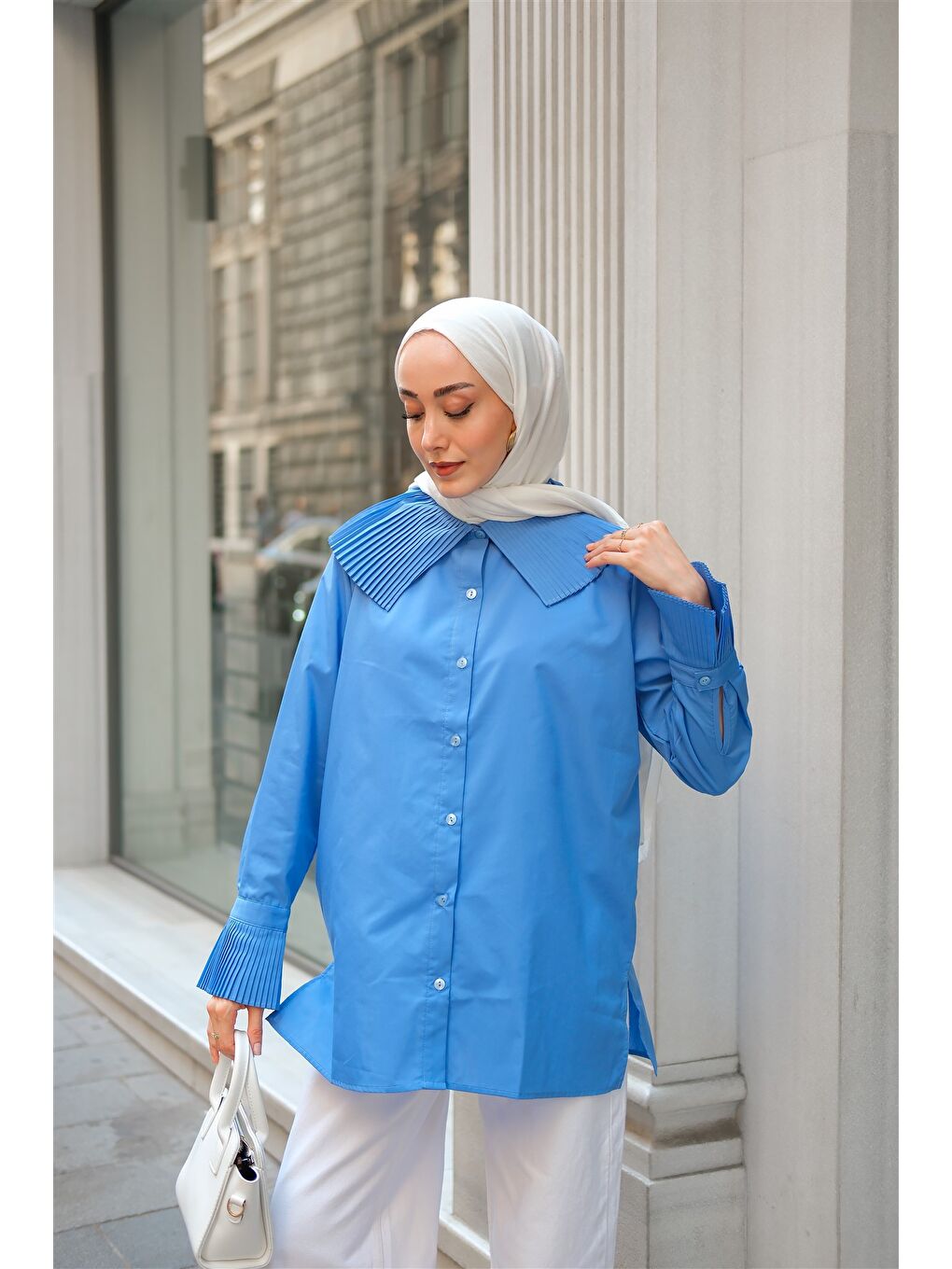 Kadın Gömlek Ve Kol Pilise Detaylı Gömlek Mavi-2