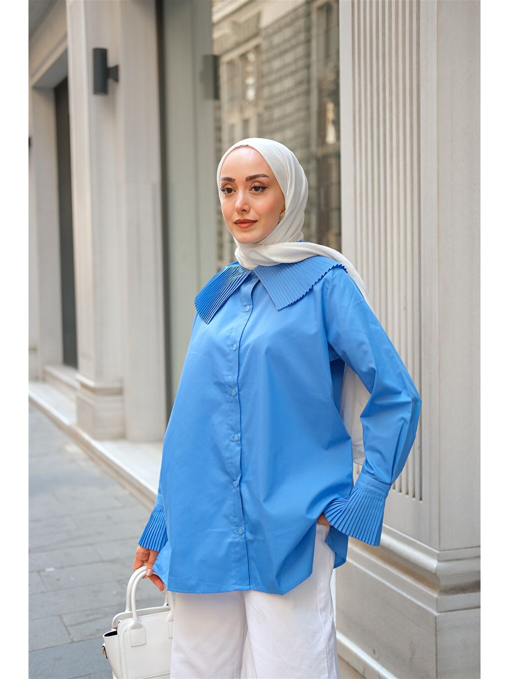 Kadın Gömlek Ve Kol Pilise Detaylı Gömlek Mavi-3