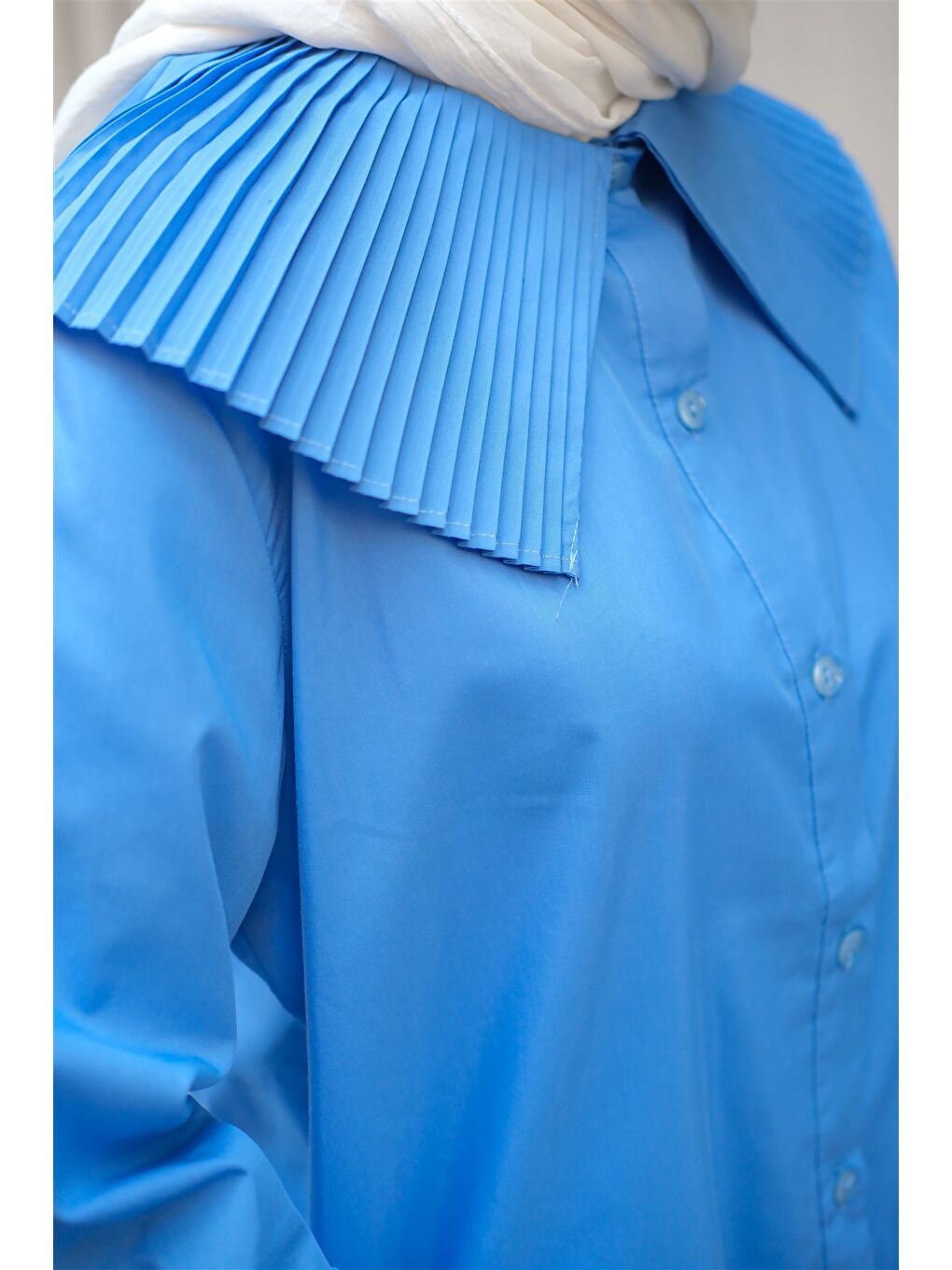 Kadın Gömlek Ve Kol Pilise Detaylı Gömlek Mavi-4