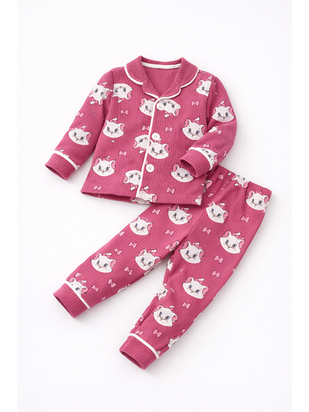 Mürdüm Kız Bebek Pijama Takımı Kedili Alt-Üst Takım Fitilli Pamuklu