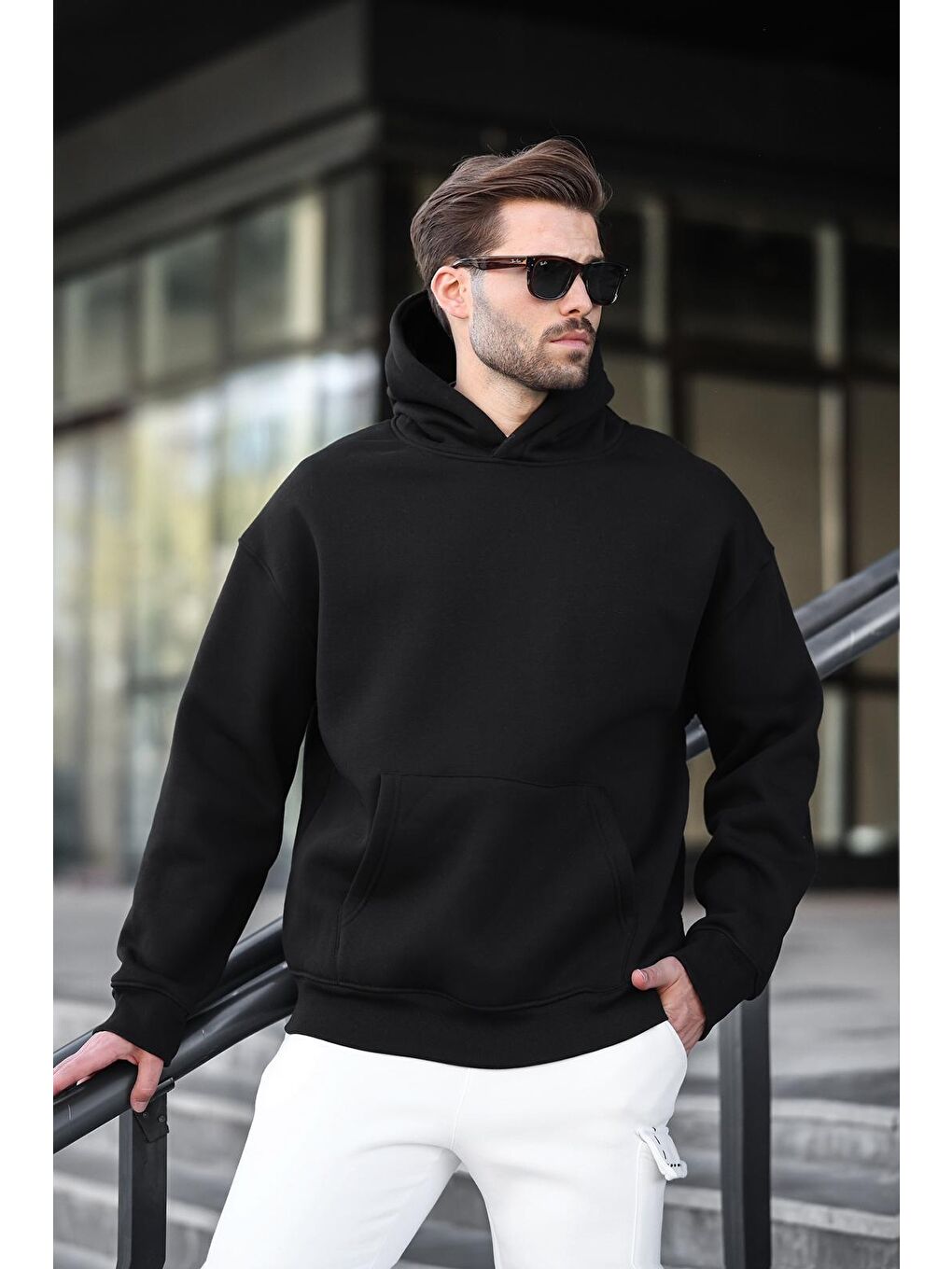 Siyah Kapüşonlu Kanguru Cep Erkek Sweatshirt E7169-1