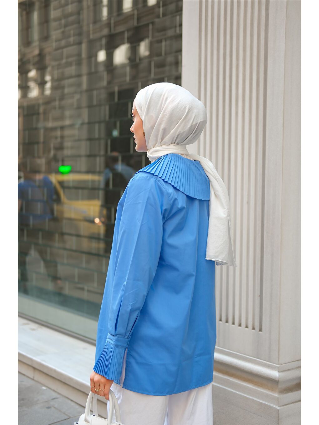 Kadın Gömlek Ve Kol Pilise Detaylı Gömlek Mavi-5