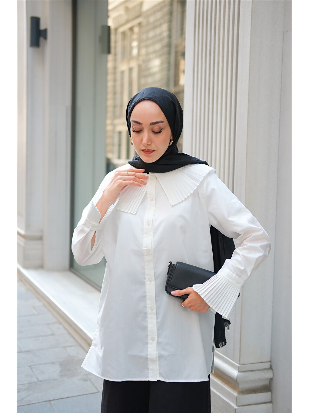 Kadın Gömlek Ve Kol Pilise Detaylı Gömlek Beyaz-1