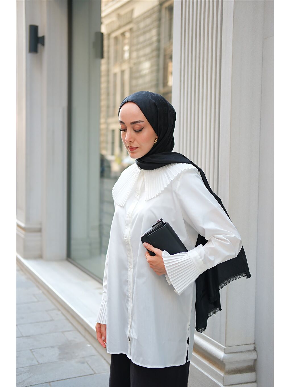 Kadın Gömlek Ve Kol Pilise Detaylı Gömlek Beyaz-2