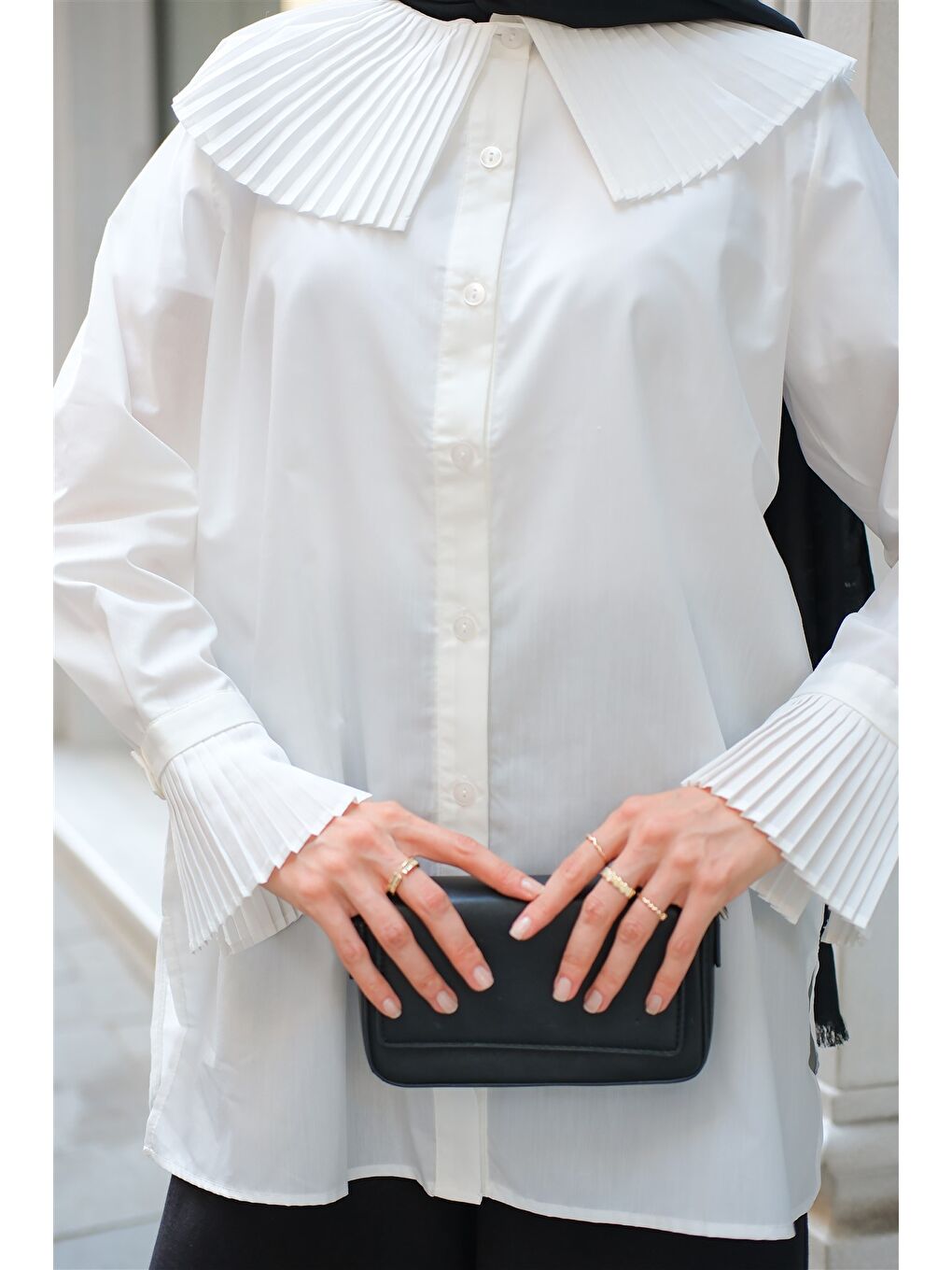 Kadın Gömlek Ve Kol Pilise Detaylı Gömlek Beyaz-3