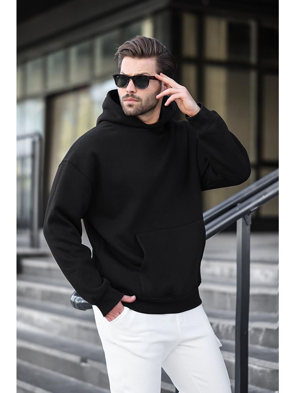 Siyah Kapüşonlu Kanguru Cep Erkek Sweatshirt E7169