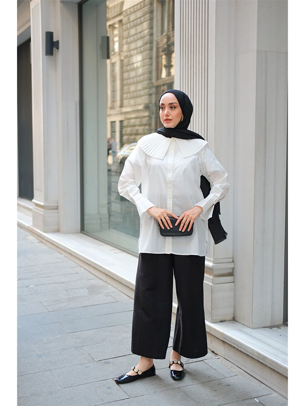 Kadın Gömlek Ve Kol Pilise Detaylı Gömlek Beyaz-4