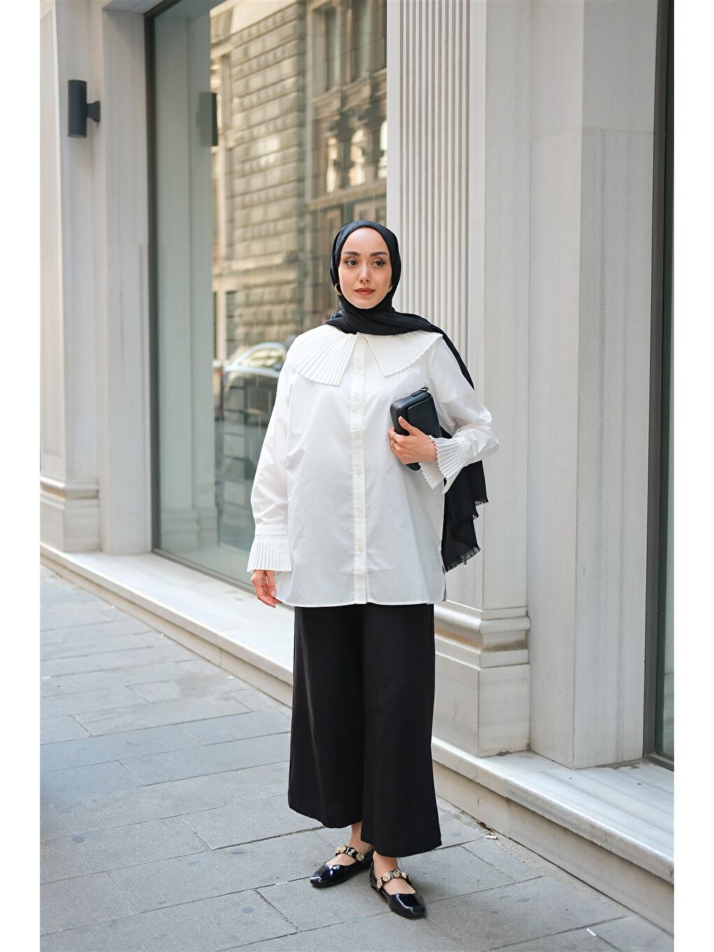 Kadın Gömlek Ve Kol Pilise Detaylı Gömlek Beyaz-5