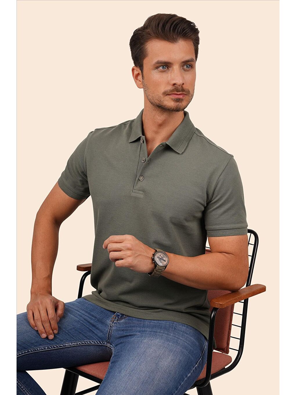 Haki Yaka Desenli Erkek Polo Yaka %100 Pamuk Tişört-2