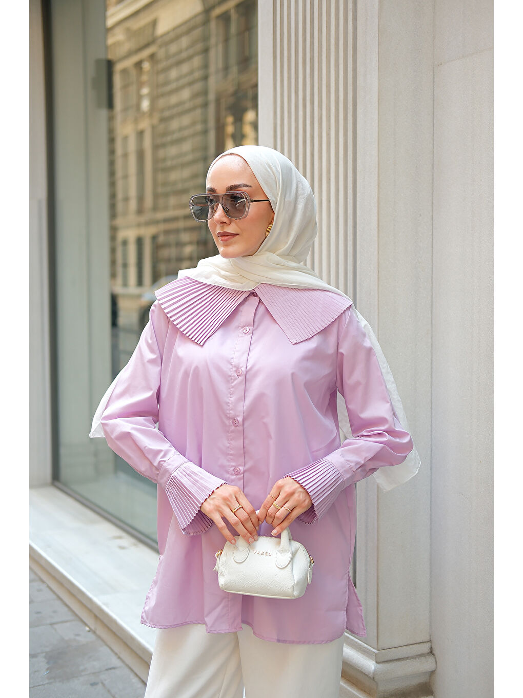 Kadın Gömlek Ve Kol Pilise Detaylı Gömlek Lila-2