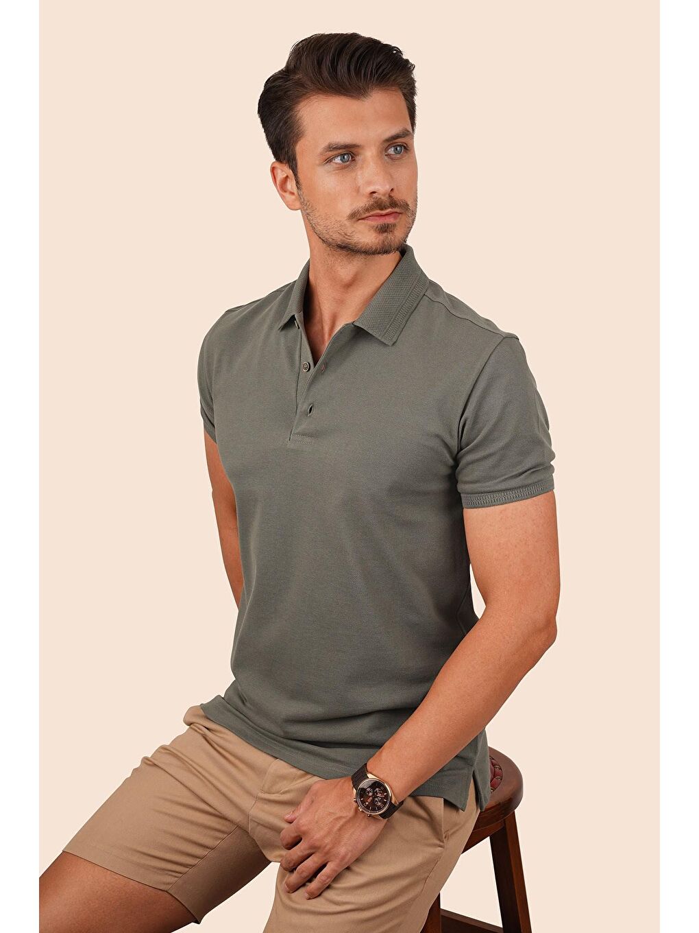 Haki Yaka Desenli Erkek Polo Yaka %100 Pamuk Tişört-1