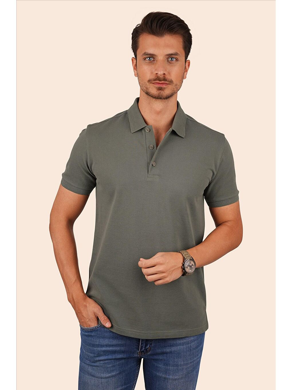 Haki Yaka Desenli Erkek Polo Yaka %100 Pamuk Tişört-4