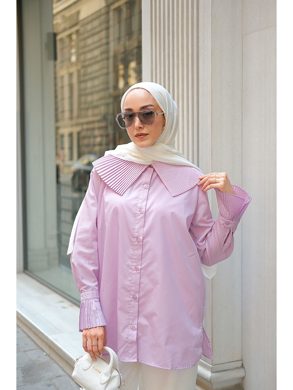 Kadın Gömlek Ve Kol Pilise Detaylı Gömlek Lila-3