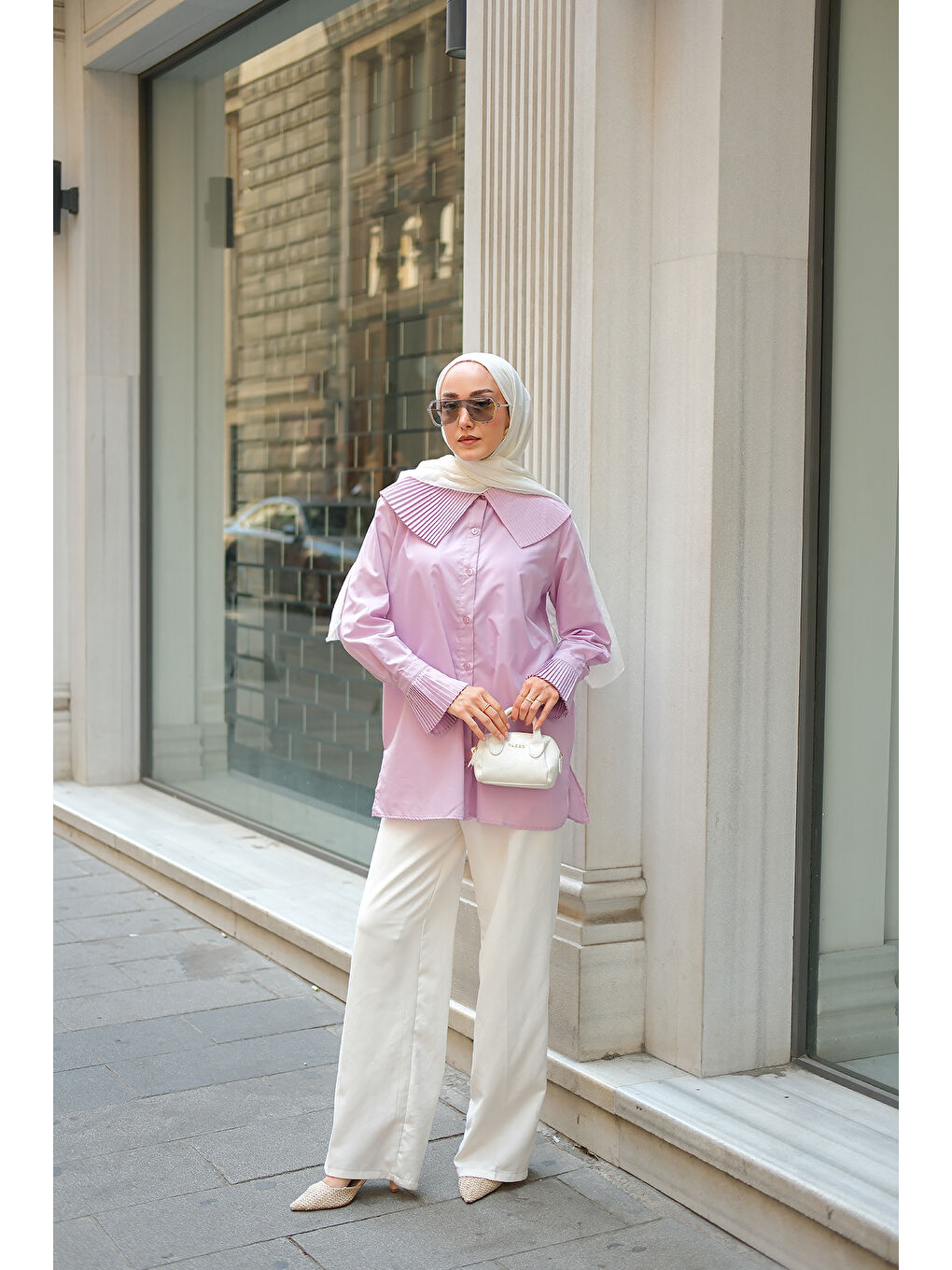 Kadın Gömlek Ve Kol Pilise Detaylı Gömlek Lila-5