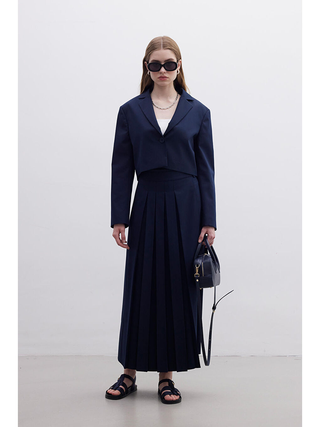 Pliseli Kruvaze Etek Lacivert-1