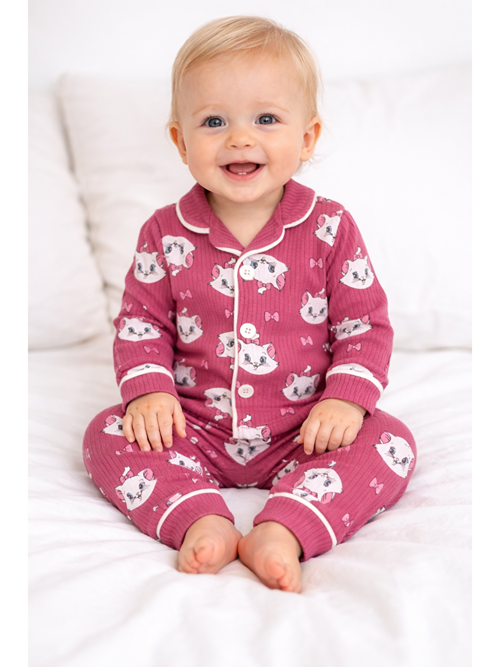 Mürdüm Kız Bebek Pijama Takımı Kedili Alt-Üst Takım Fitilli Pamuklu-1